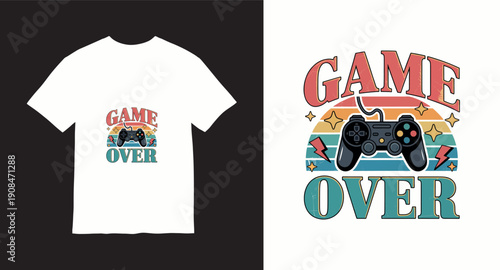 Retro game over vector design with game controller and sunset background for gaming apparel