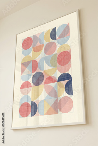 Modern geometric abstract art featuring overlapping circles and triangles in pastel colors.