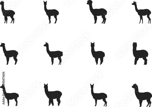 Black silhouette illustration of twelve llamas in varied poses with distinct ear shapes, neck lengths, and body postures, symbolizing animals, nature, and diversity