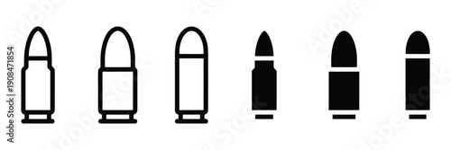 Ammunition cartridge and bullet icon vector. Firearm ballistics and shooting sports equipment symbol set. Vector illustration
