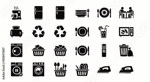 Black and white flat set of household appliances and dining symbols