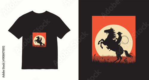 Wild west cowboy riding rearing horse silhouette against large sun vector for western apparel