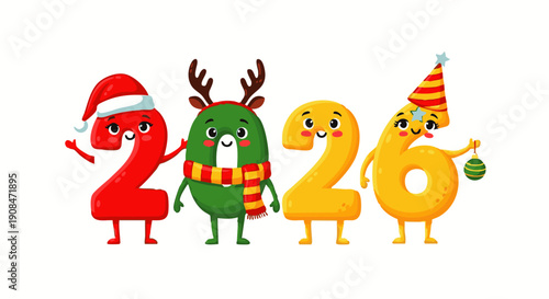 Animated colorful numbers 2026 with holiday characters reindeer Santa hat and party hat bauble