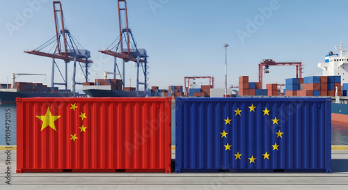 China and European Union shipping containers at port