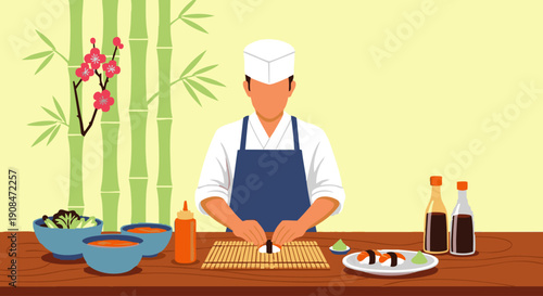 Chef in white hat and blue apron preparing sushi on bamboo mat with bowls of ingredients and sauces
