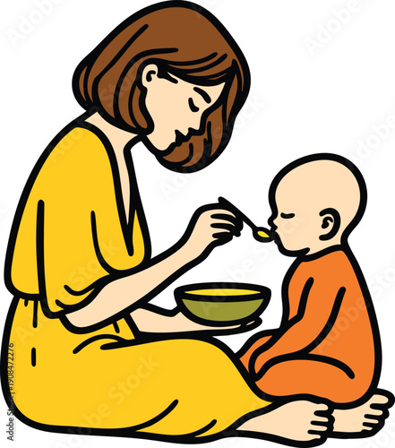 Mother feeding baby with spoon illustration of nurturing and childcare simple flat design for parenting concept isolated on white background