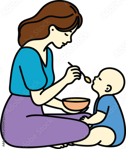 Colorful line art illustration of A caring mother feeding her happy baby from a small bowl with a spoon on a white background