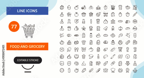 Set of 77 black and white line depicting food and grocery with editable stroke line food shopping cart