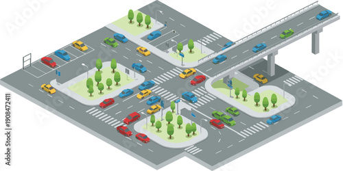 Isometric City Road Intersection Scene with Traffic, Cars, Overpass Bridge, Crosswalks, Trees, and Urban Transportation Infrastructure Vector Illustration