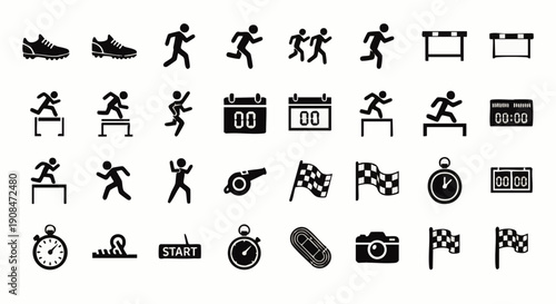 Black and white athletics and track field set with running jumping hurdles and clock symbols