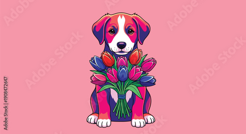 Dog sitting with a bouquet of colorful tulips on a pink background