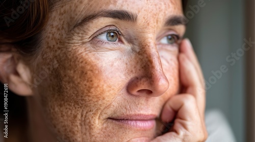 Woman with freckles looking thoughtfully while resting her chin on her hand during a quiet afternoon indoors near a window