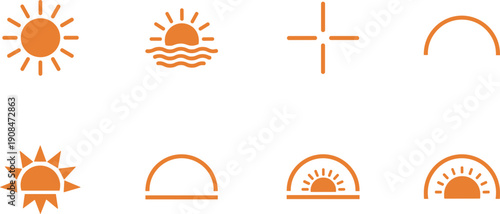 Minimal sun and sunrise icons set orange flat weather symbols vector illustration collection modern design elements