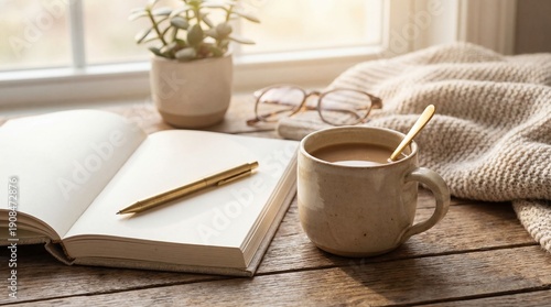 Warm coffee and notebook on wooden desk with blanket