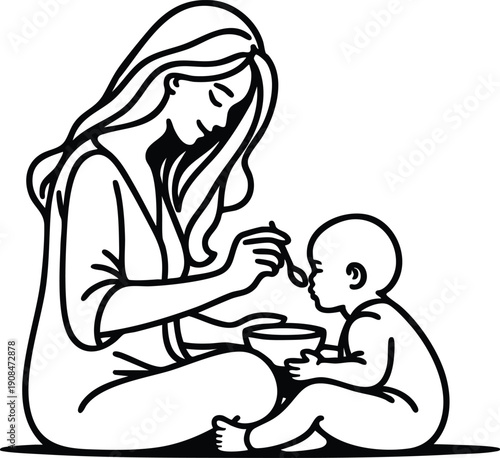 Mother feeding baby with spoon simple line art illustration of nurturing and care concept for family parenting and healthy eating isolated on white isolated on white background