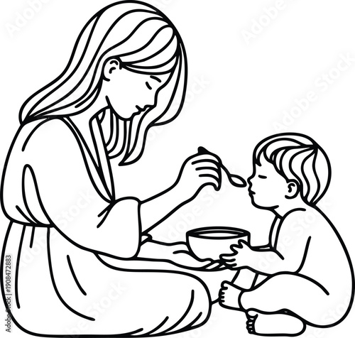 Mother feeding baby with spoon simple line art illustration of nurturing and care concept for childhood and family isolated on white isolated on white background