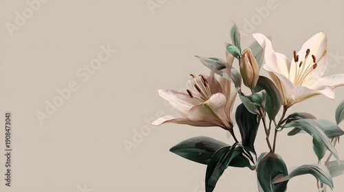 Elegant White Lilies with Dark Green Leaves on a Neutral Background.
