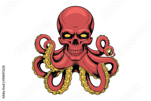 A striking illustration depicts a crimson skull seamlessly integrated with an octopus showcasing a unique and unsettling hybrid creature high-quality.