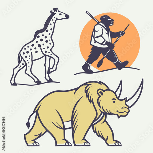 Stylized African Wildlife and Ranger Silhouette Vector Illustration Set.