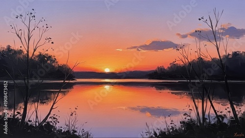 A serene lake at sunset with trees and vibrant colors reflecting on the water