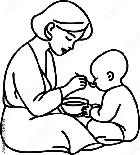 Mother feeding baby with spoon simple line art illustration of nurturing and childcare isolated on white background for design