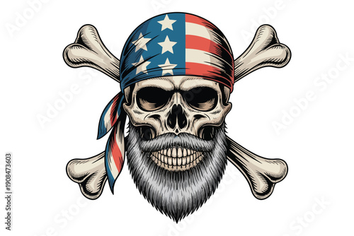 A detailed illustration depicts a skull and crossbones adorned with an American flag bandana and a full beard high-quality professional.