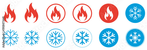 Fire and snowflake temperature icon set, clean vector illustration, hot and cold settings concept, climate control symbols, perfect for apps and UI design