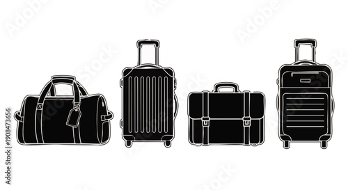 Black and white line of four different luggage bags in a row