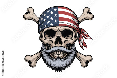 A detailed illustration depicts a skull and crossbones adorned with an American flag bandana and a full beard high-quality professional.