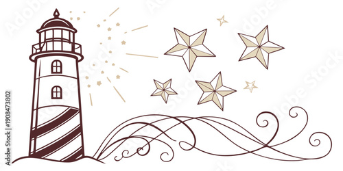 Stylized lighthouse illustration with waves and stars, vector