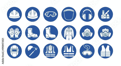Blue safety and personal protective equipment set on white background
