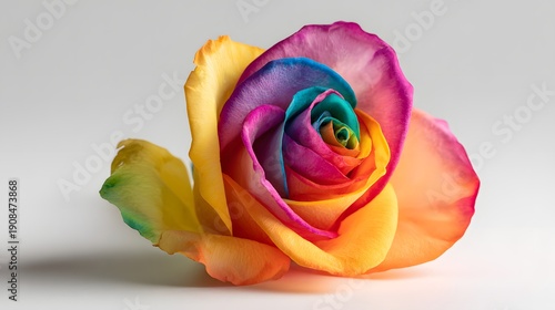 Vibrant Rainbow Rose Flower with Multi-Colored Petals Isolated on White Background.