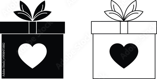 Minimalist gift box icons with heart symbols and leaf-like decorative bow, representing love, celebration, eco-friendly gifting and modern design