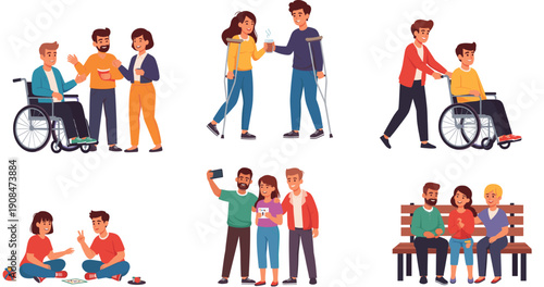 Inclusive People with Disabilities Activities Set Showing Friendship, Support, Wheelchair Users, Social Interaction, and Community Life Cartoon Vector Illustration