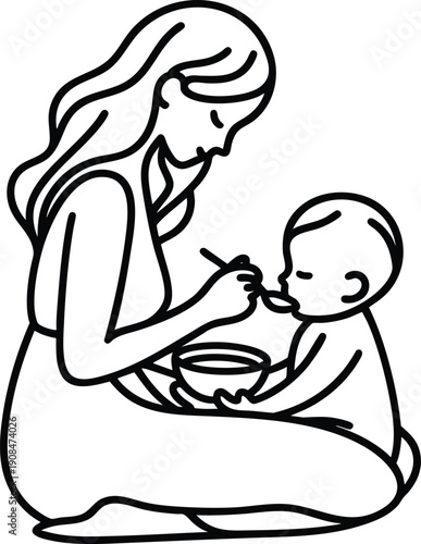 Mother feeding baby with spoon simple line art illustration representing nurturing care and family bonding isolated on white isolated on white background