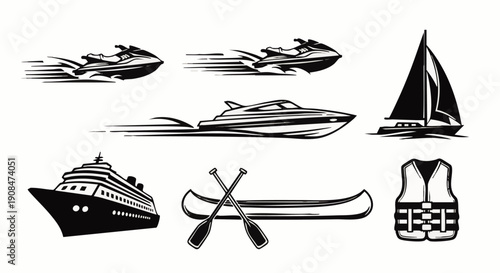 Black and white line set of watercraft and boating equipment including jet skis speedboat cruise ship sailboat canoe oars life vest