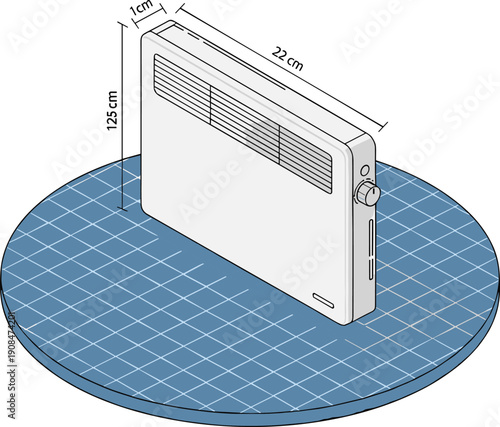 Rectangular electronic heater or air purifier with vent and control knob, vector illustration showing labeled dimensions for technical documentation