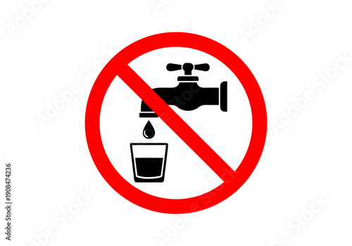 No drinking water sign. Prohibition of consumption of tap water in a glass