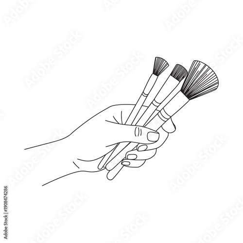 A hand delicately holding a collection of various makeup brushes in a sketch