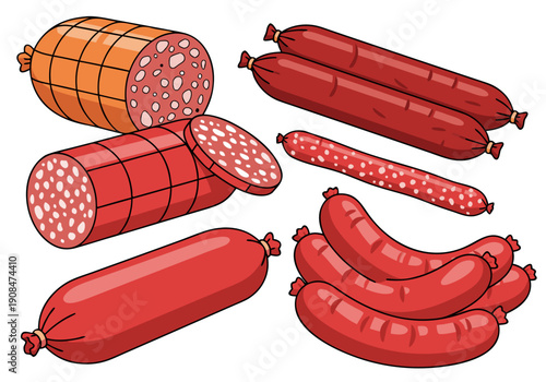 A variety of processed meat products, including salami and sausages, displayed against a white background, perfect for culinary and food-related projects