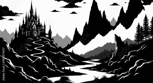 Enchanting dark castle perched atop a mystical mountain landscape with a winding river below