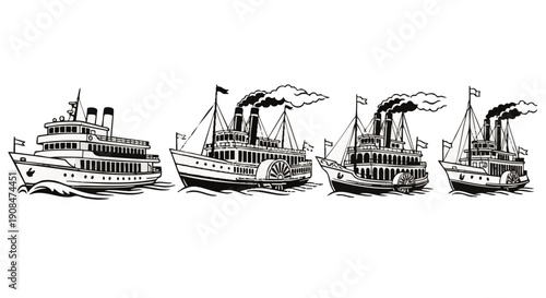 Four black and white vintage paddle steamboats sailing with smoke from stacks