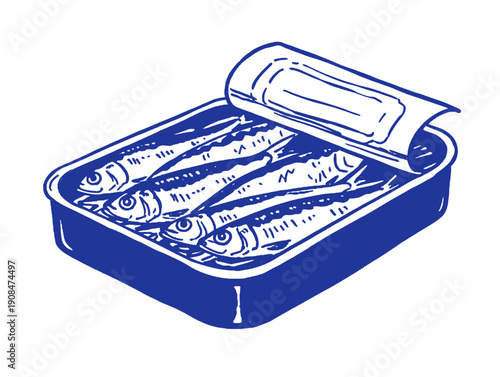 Retro blue sardines illustration vector. Open fish tin can sketch graphic. Vintage preserved seafood artwork. Kitchen ingredient icon poster design.