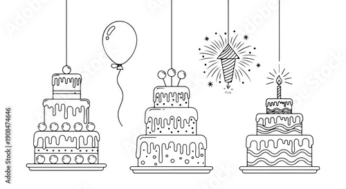 Birthday Celebration with Three Tiered Cakes and Festive Decorations, Vector Illustration