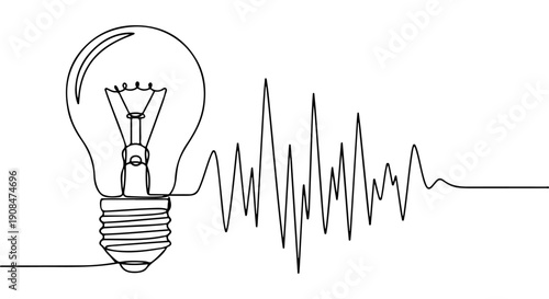 A minimalist line art illustration of a light bulb with sound waves emanating from it, symbolizing ideas and innovation