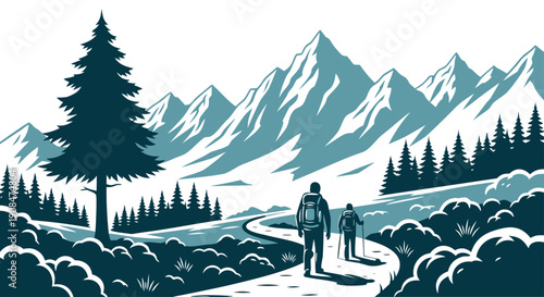 Two hikers trek on a winding path through snow-covered mountains and pine trees under a clear sky, showcasing an adventure in nature and the thrill of exploration