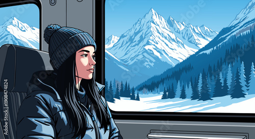 A Young Woman Gazes at Snow-Capped Mountains from Inside a Train