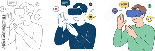 Virtual reality headset illustration, VR technology artwork, immersive experience design, digital interaction concept, augmented reality user, futuristic innovation graphics