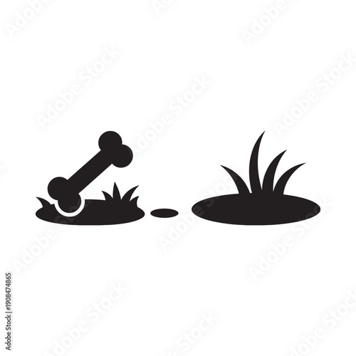 A simple black silhouette depicting a bone partially buried in grass