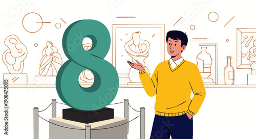 Man in yellow sweater pointing at large teal infinity symbol sculpture in an gallery setting